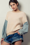 Denim Sleeve Two Tone Knit Sweater - Greige Goods