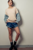 Denim Sleeve Two Tone Knit Sweater - Greige Goods