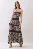 Leaf Print Strapless Tiered Maxi Dress