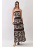 Leaf Print Strapless Tiered Maxi Dress