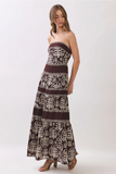 Leaf Print Strapless Tiered Maxi Dress