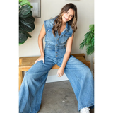 Denim Button Down Sleeveless Jumpsuit - Greige Goods
